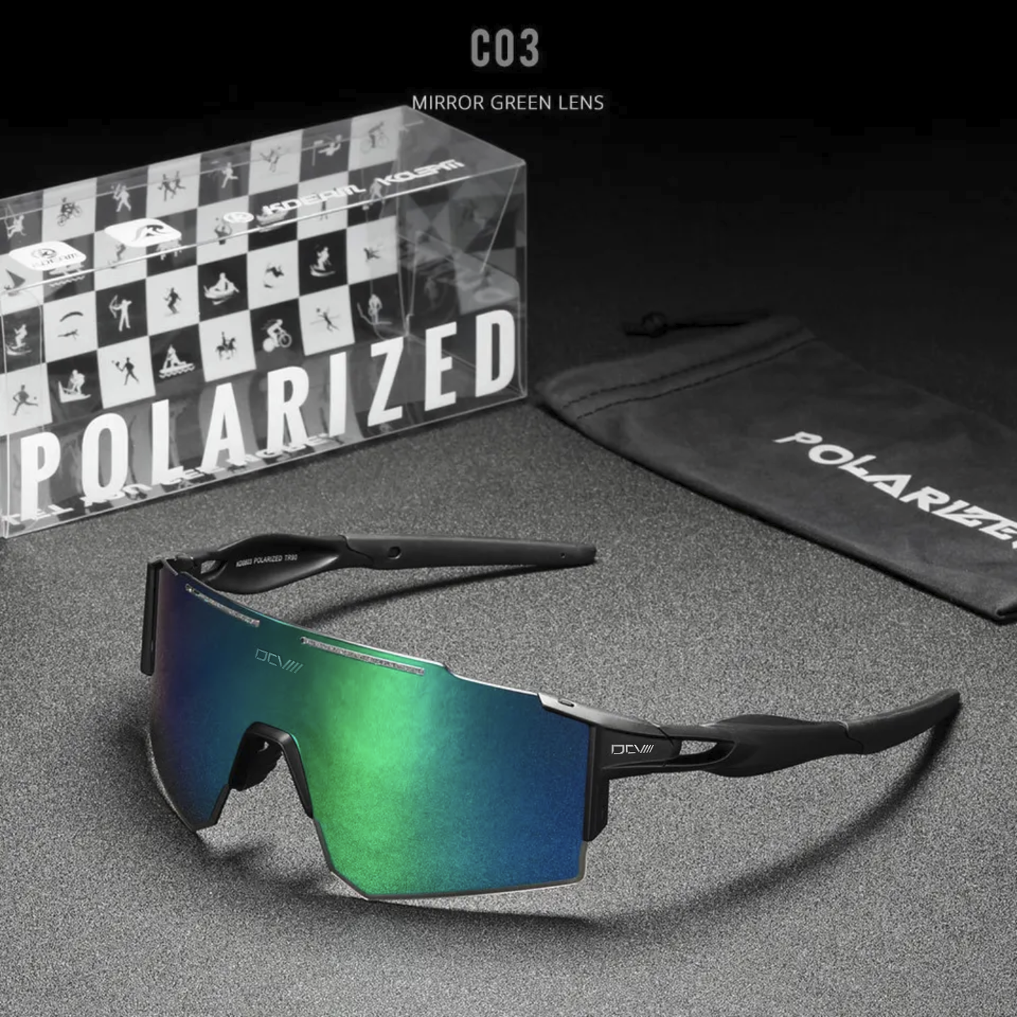 Performance Sunglasses | Polarized Shield Lens | Green | Black | No-Slip Matte Frame | UV 400 Protection