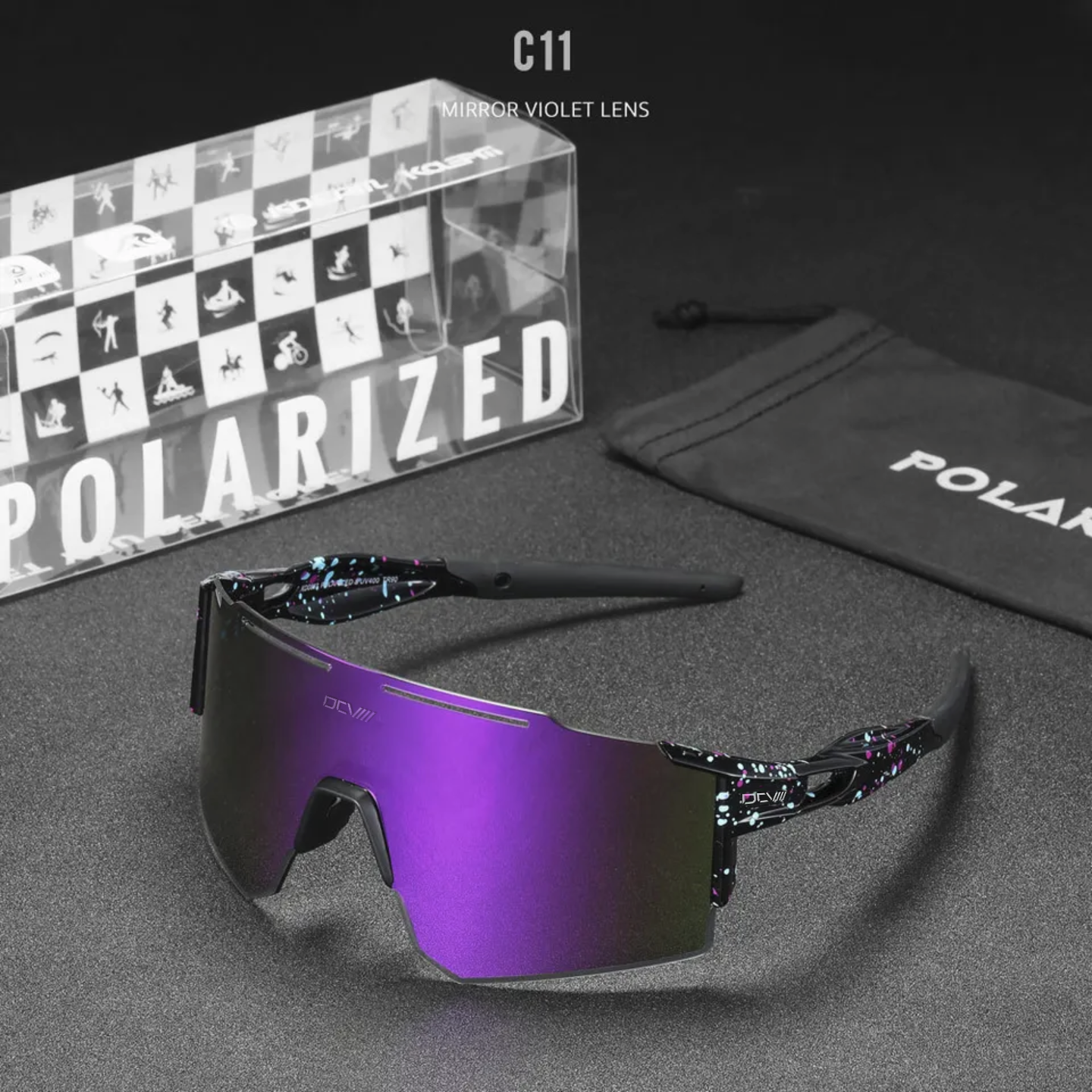 Performance Sunglasses | Polarized Shield Lens | Purple | Black | No-Slip Matte Frame | UV 400 Protection