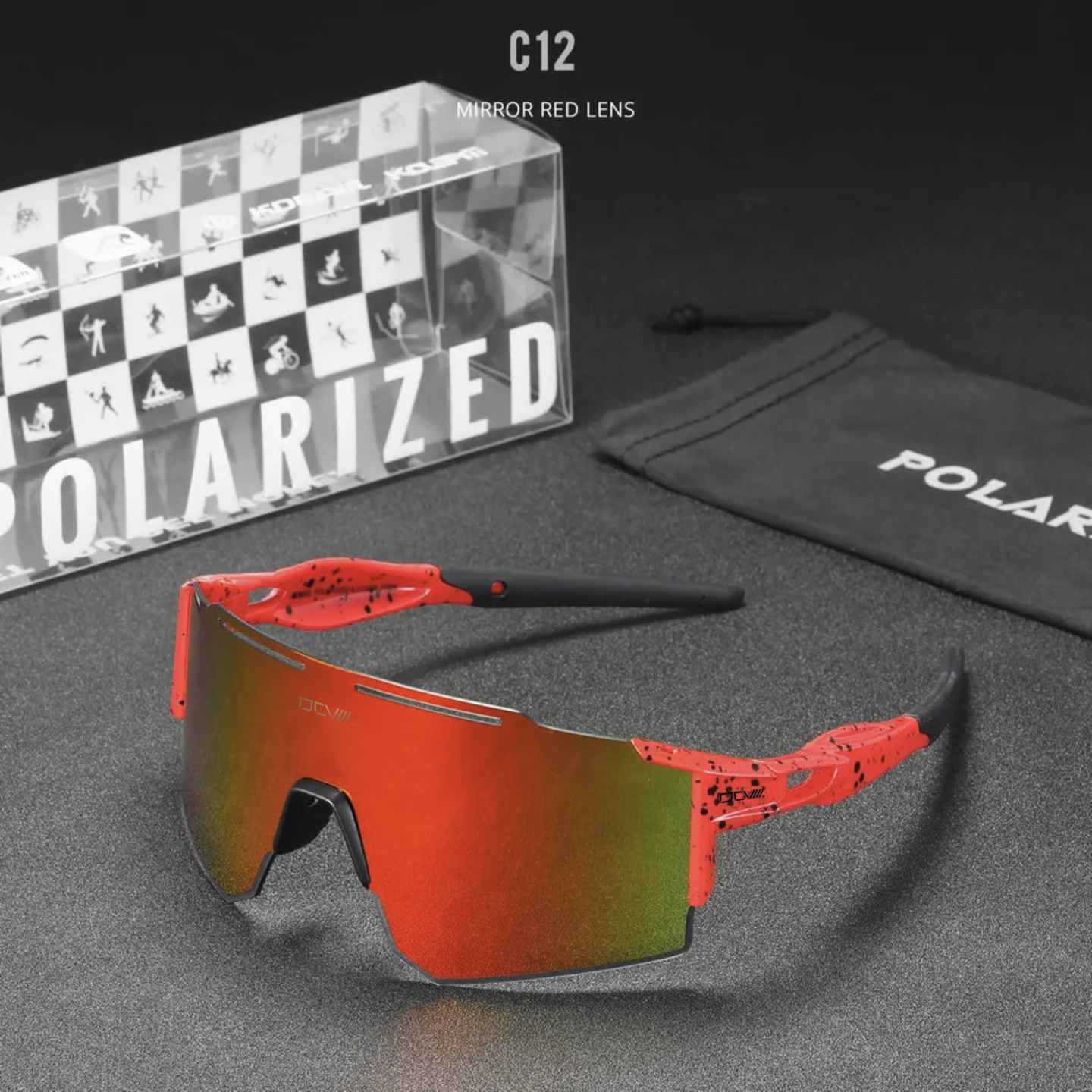 Performance Sunglasses | Polarized Shield Lens | Red | No-Slip Matte Frame | UV 400 Protection