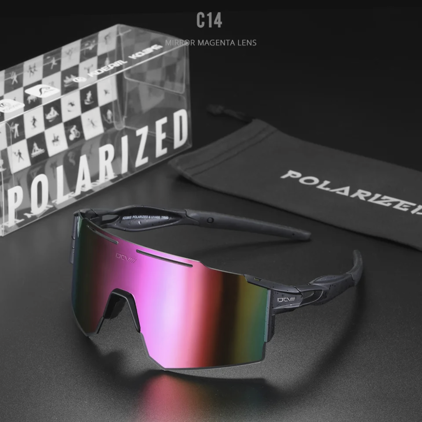 Performance Sunglasses | Polarized Shield Lens | Pink | Black | No-Slip Matte Frame | UV 400 Protection