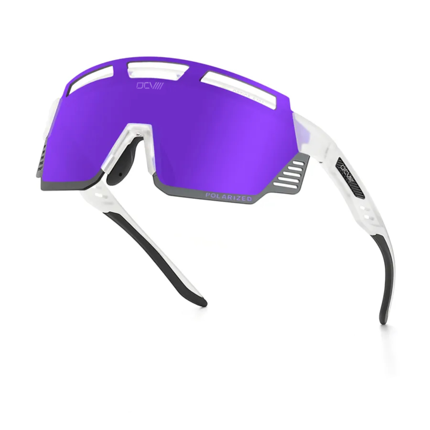 DCVIII Vanta Sunglasses | Polarized | UV 400 | Purple Lens | Wraparound Fit | Sport Glasses | White Frame