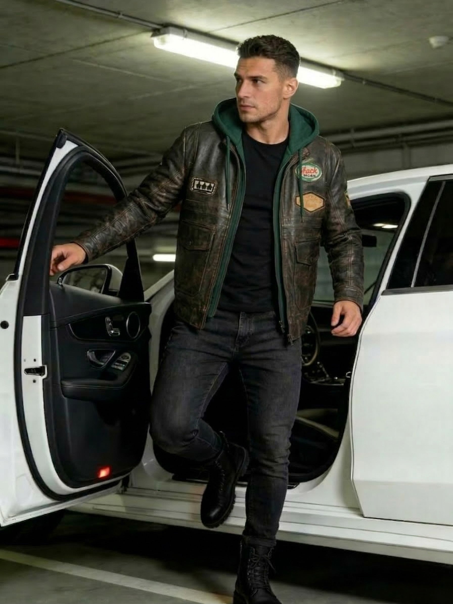 The Maverick Bomber Jacket | Distressed Leather Aviator Jacket with Integrated Hood