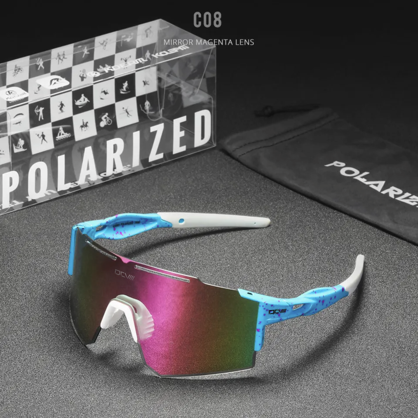 Performance Sunglasses | Polarized Shield Lens | Blue | Pink | No-Slip Matte Frame | UV 400 Protection