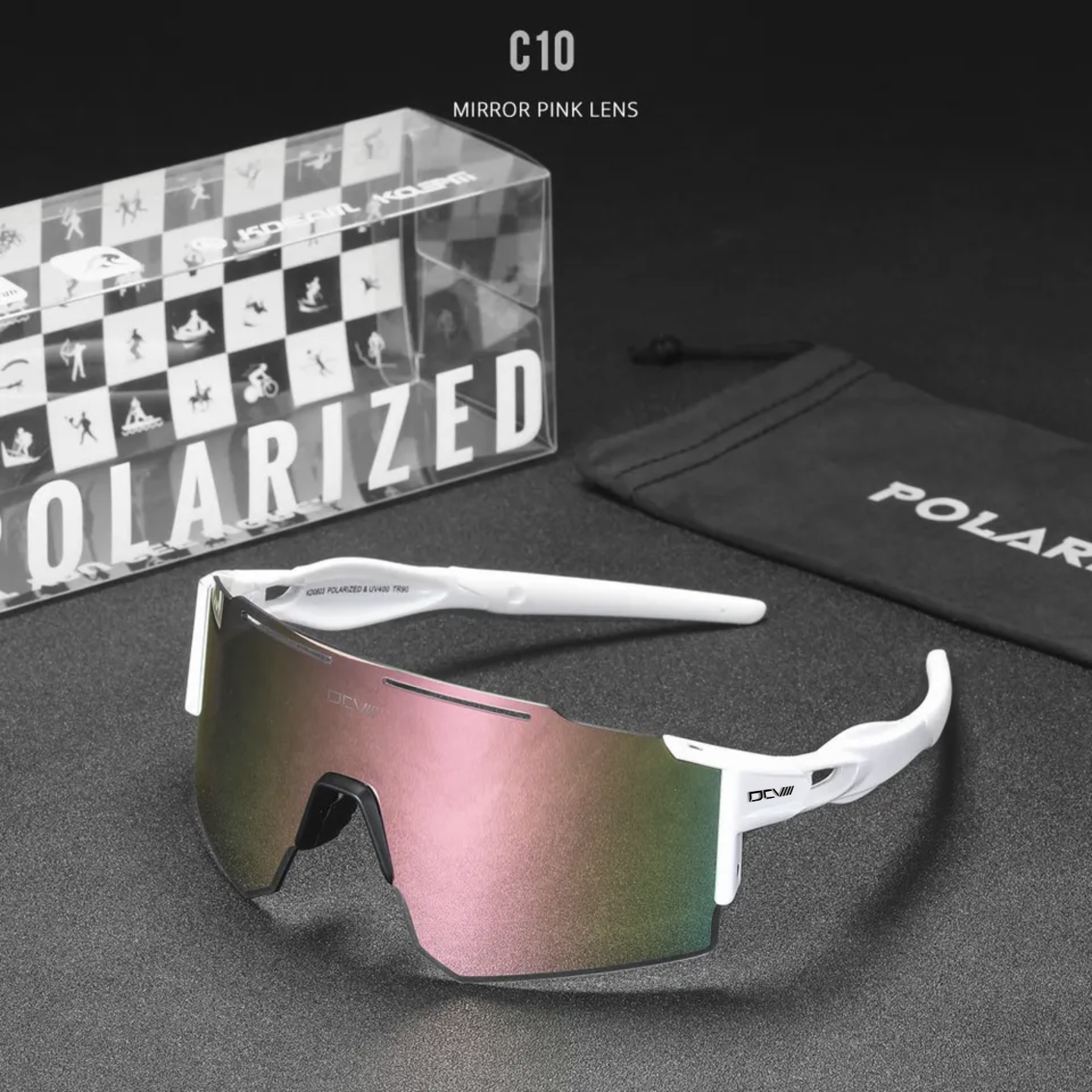Performance Sunglasses | Polarized Shield Lens | Pink | White | No-Slip Matte Frame | UV 400 Protection